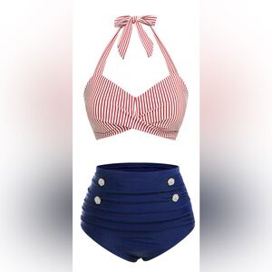 ✨Retro Stage Red & Blue Striped Halter Swimsuit Set✨